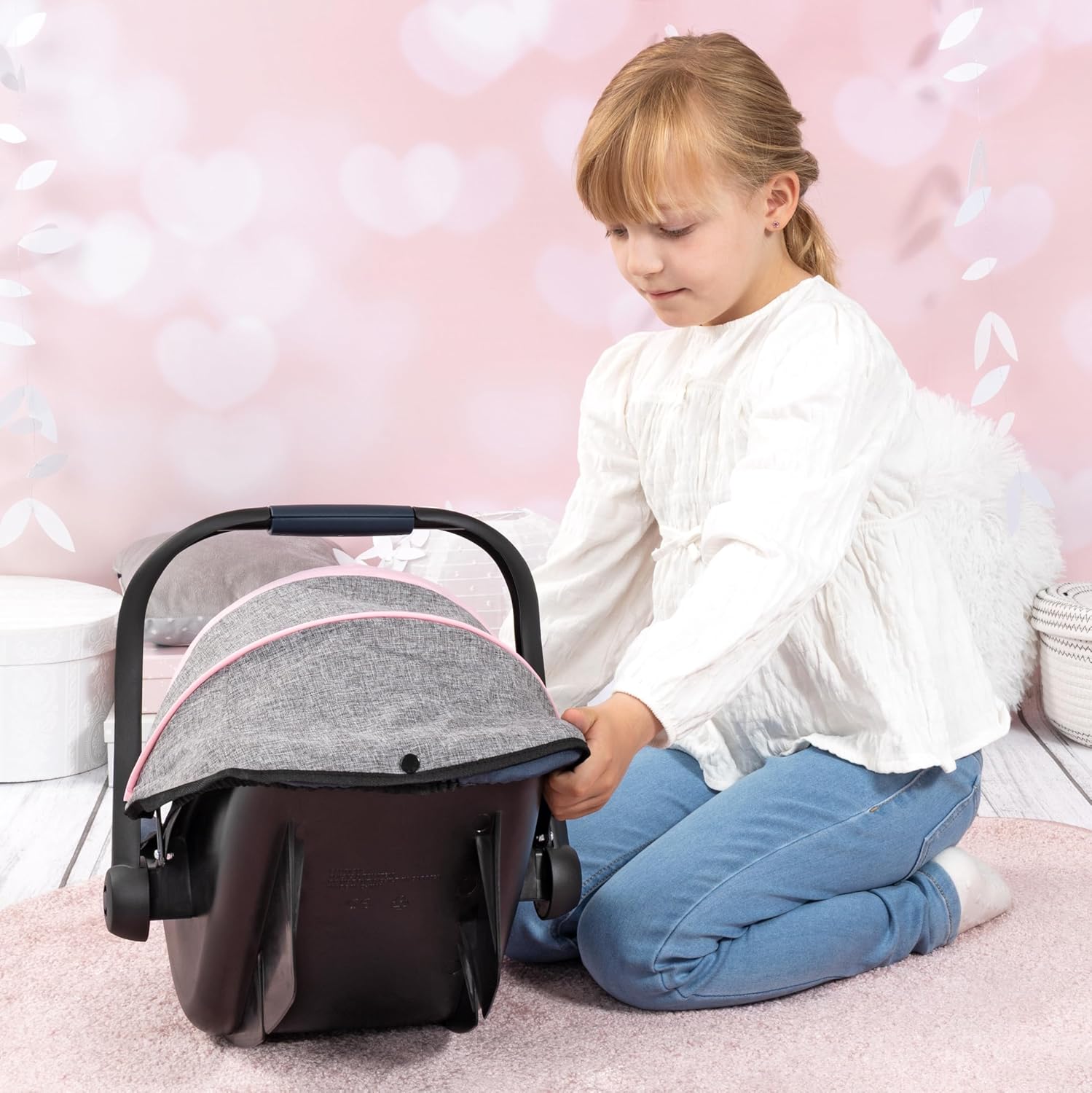 Design Dolls: Car Seat - Grey, Blue, Pink Butterfly - Fits Dolls Up to 18' Kids Pretend Play, Safety Belt, Sun
