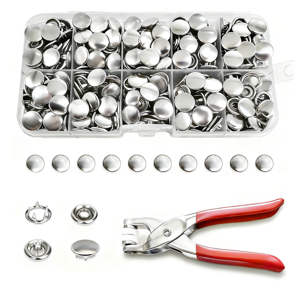 200 Sets Metal Snap Buttons with Fastener Pliers Press Tool Kit, Silver Solid Sewing Snaps for Fabric,Prong Snap