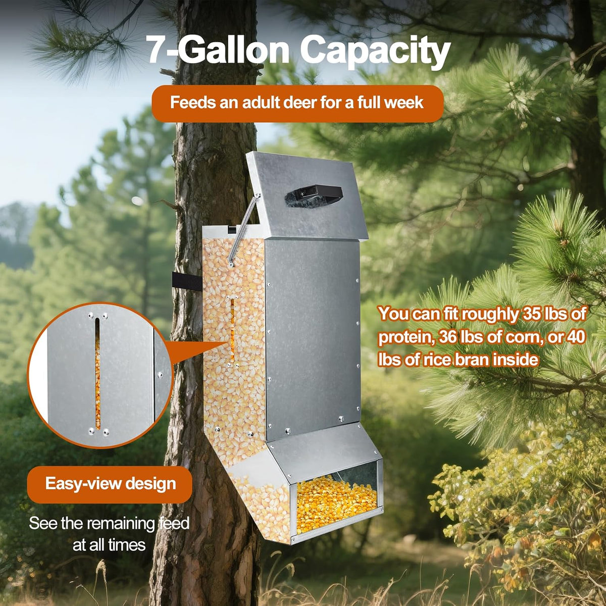 7 Gallons Box Deer Feeder Box, Tree Protein Feeder, Heavy Duty Hanging Gravity Deer Feeder Automatic Dispenser Feeds