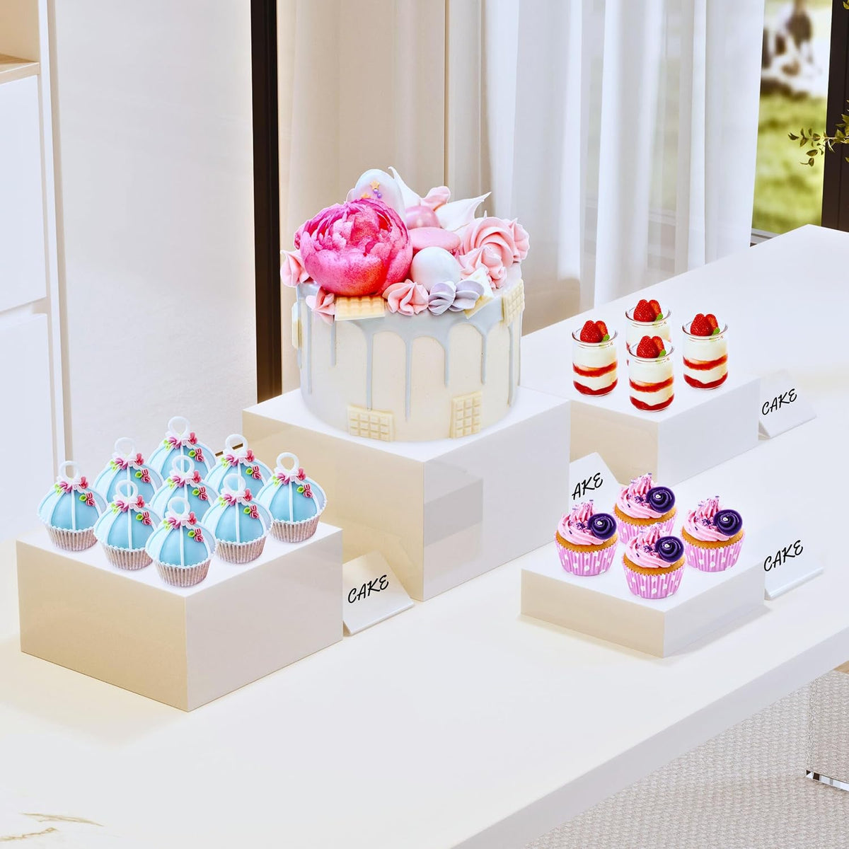10” Large Buffet Risers with Mini Signs, Table Risers, Buffet Risers and Stands, Acrylic Cube Display Box Riser for