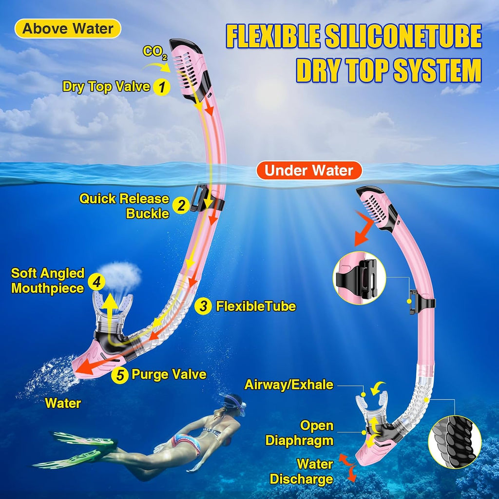 Dry Snorkel Set,Panoramic Wide View Anti-Fog Scuba Diving Mask,Professional Snorkeling Gear for Adults