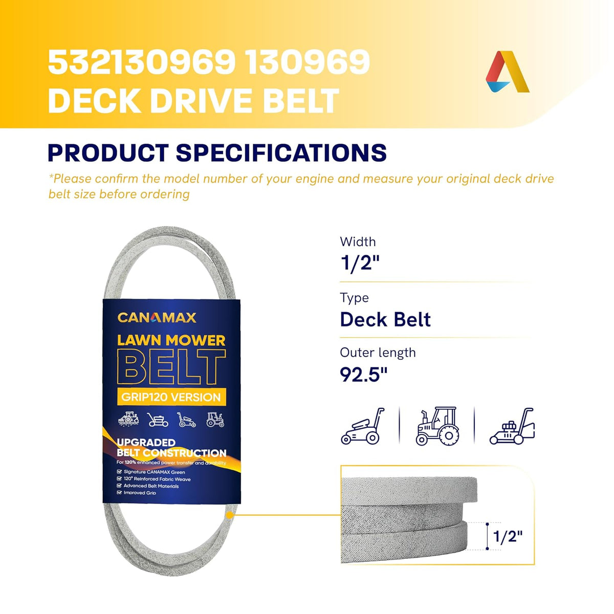 Canamax 532130969 130969 Drive Belt - Aramid Cord 1/2" x 92.5" - for 42'' Deck Craftsman Husqvarna YTH22V46 YTH24K48 YTH2348 Poulan AYP Ariens John Deere LA135 - Replaces 592855201 584444701 21546080