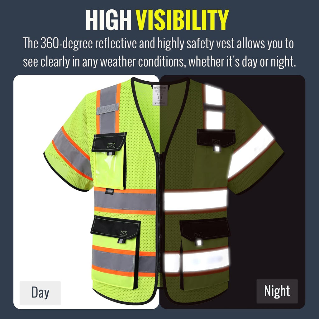 Safety Vest for Men Women Hi Vis with Pockets and Cushioned Collar Construction Vest Meet ANSI Standard (BX360)