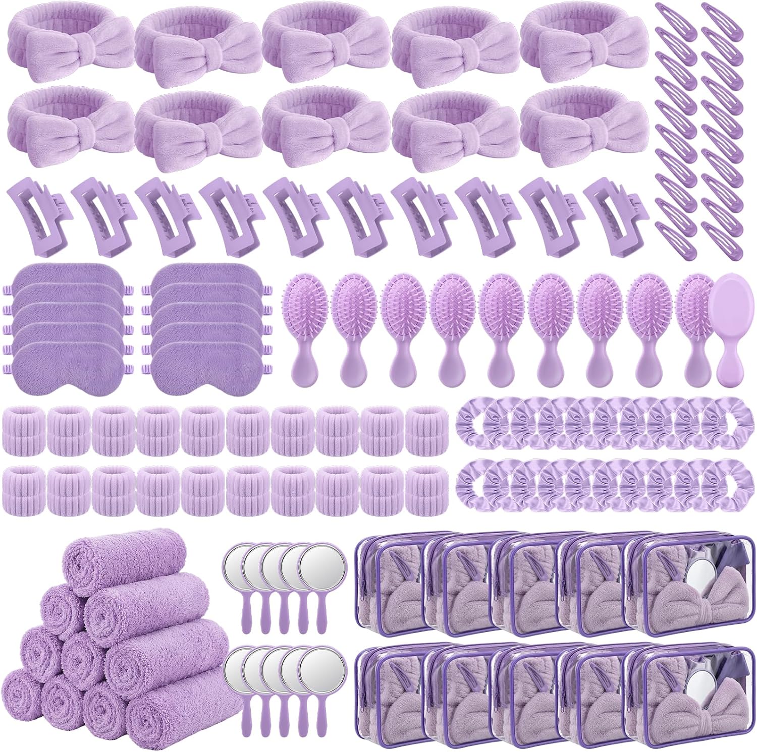 120 Pcs Spa Party Purple Sleepover Party Supply Bulk Headband Wristband Scrunchies Towels Makeup Bag Mirror Claw Hair