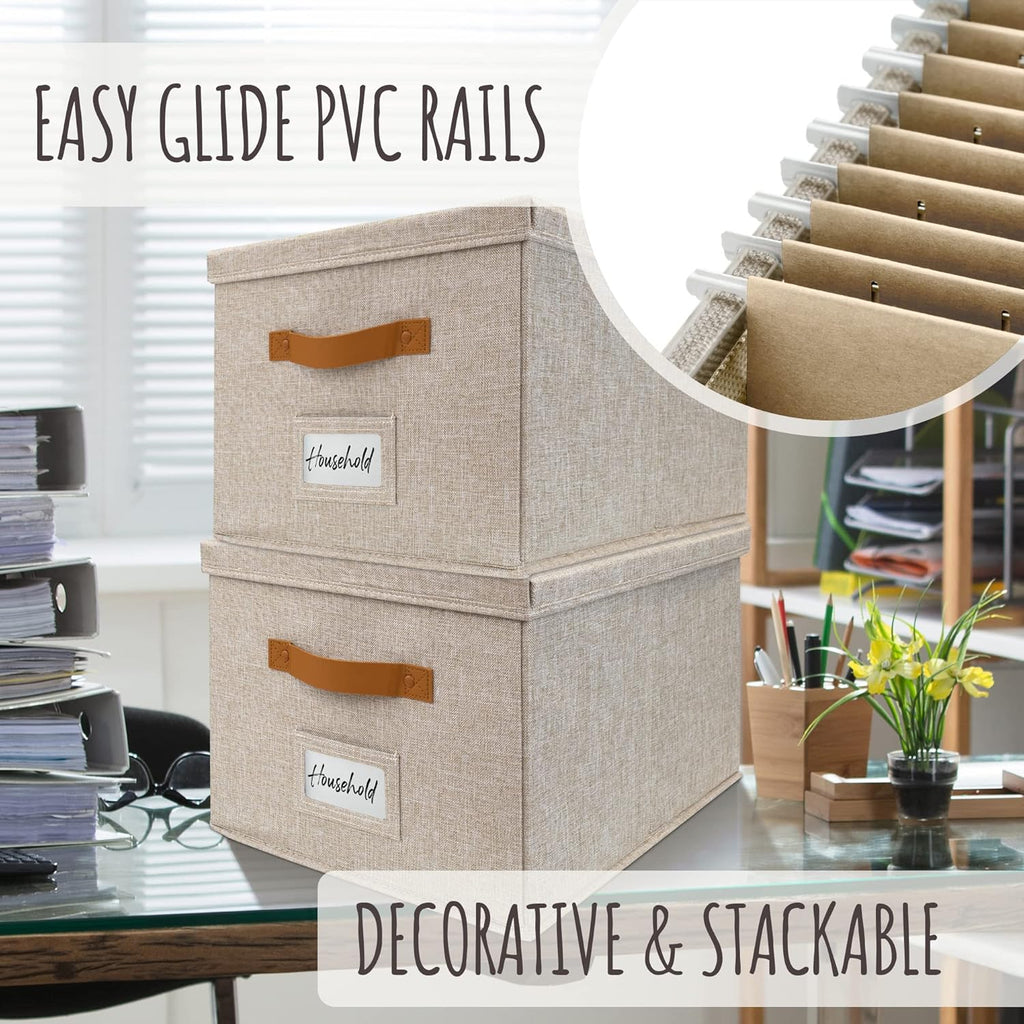 Decorative File Organizer Box Set of 2 - Collapsible Linen Filing Cabinets with Handles Are Perfect to Store All Your