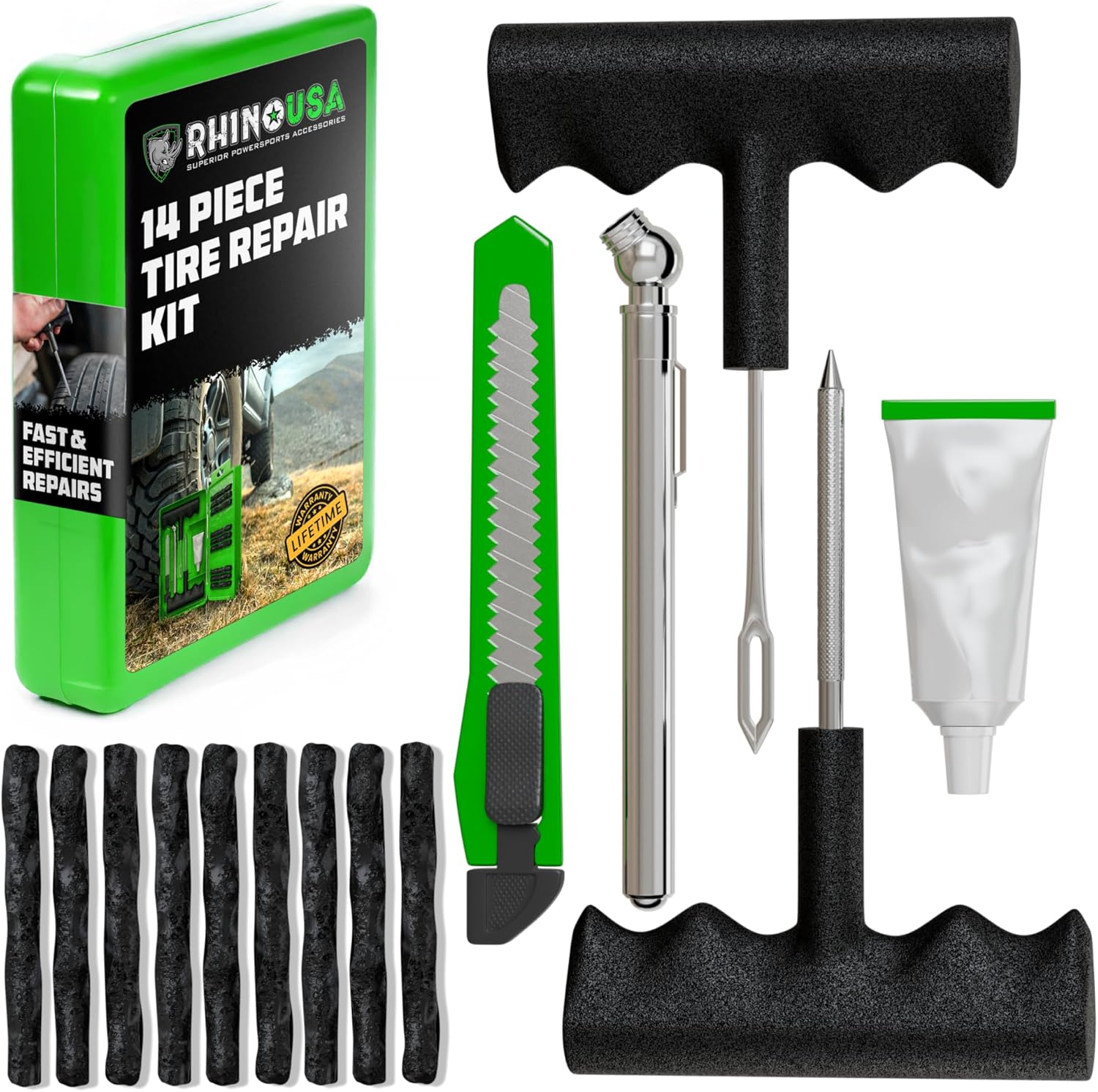 Compact Tire Repair Kit (14-Piece) – Heavy Duty Plug Set with Included Lubricant to Fix Punctures and Seal Flats –