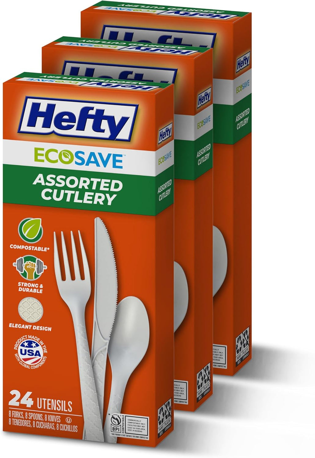 ECOSAVE Compostable Assorted Cutlery Set, 3 Pack, Utensils for BBQs, Tailgates, Camping, and Parties, Includes 8