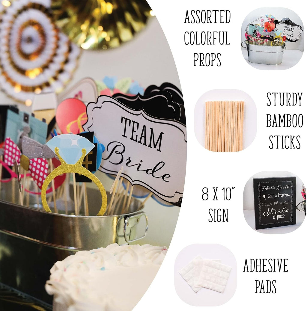 Wedding Photo Booth Props with 8 x 10-Inch Sign, 45 Adhesive Pads, 35 Wooden Sticks - Signs for Wedding Backdrop and