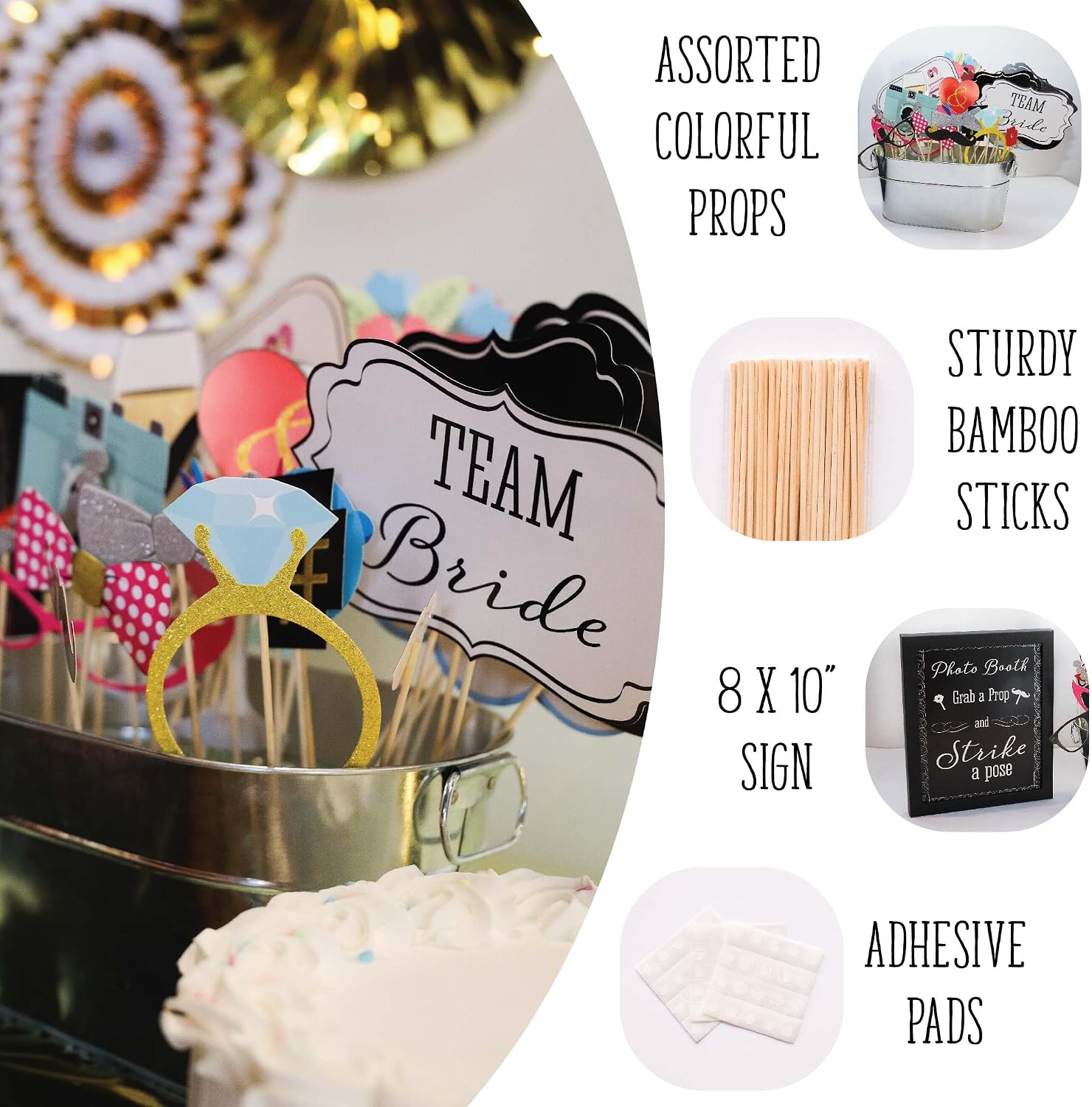 Wedding Photo Booth Props with 8 x 10-Inch Sign, 45 Adhesive Pads, 35 Wooden Sticks - Signs for Wedding Backdrop and