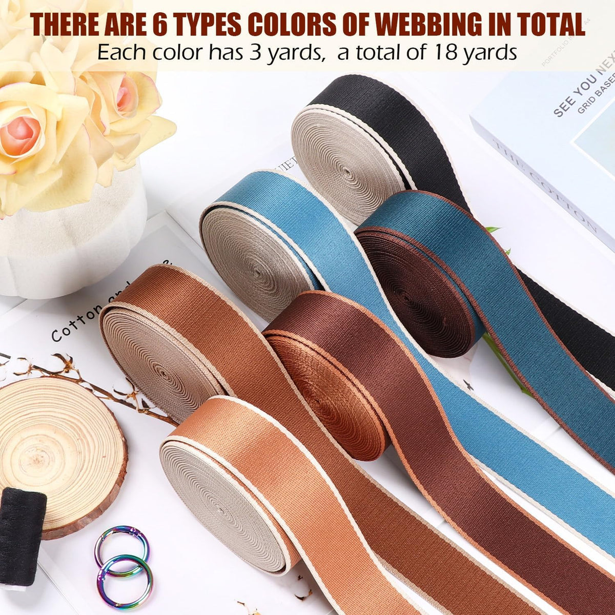 Webbing 1.5 Inch-6 Rolls Polyester-Cotton Striped Webbing 1 1/2 inch Strapping for Purse Backpack Straps-1.5 "Nylon