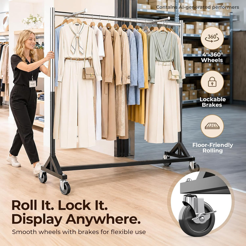 Z Rack for Clothes Heavy Duty Hold 500 LBS with Display Arms | Commercial Clothes Rack with Wheels Rolling Clothing