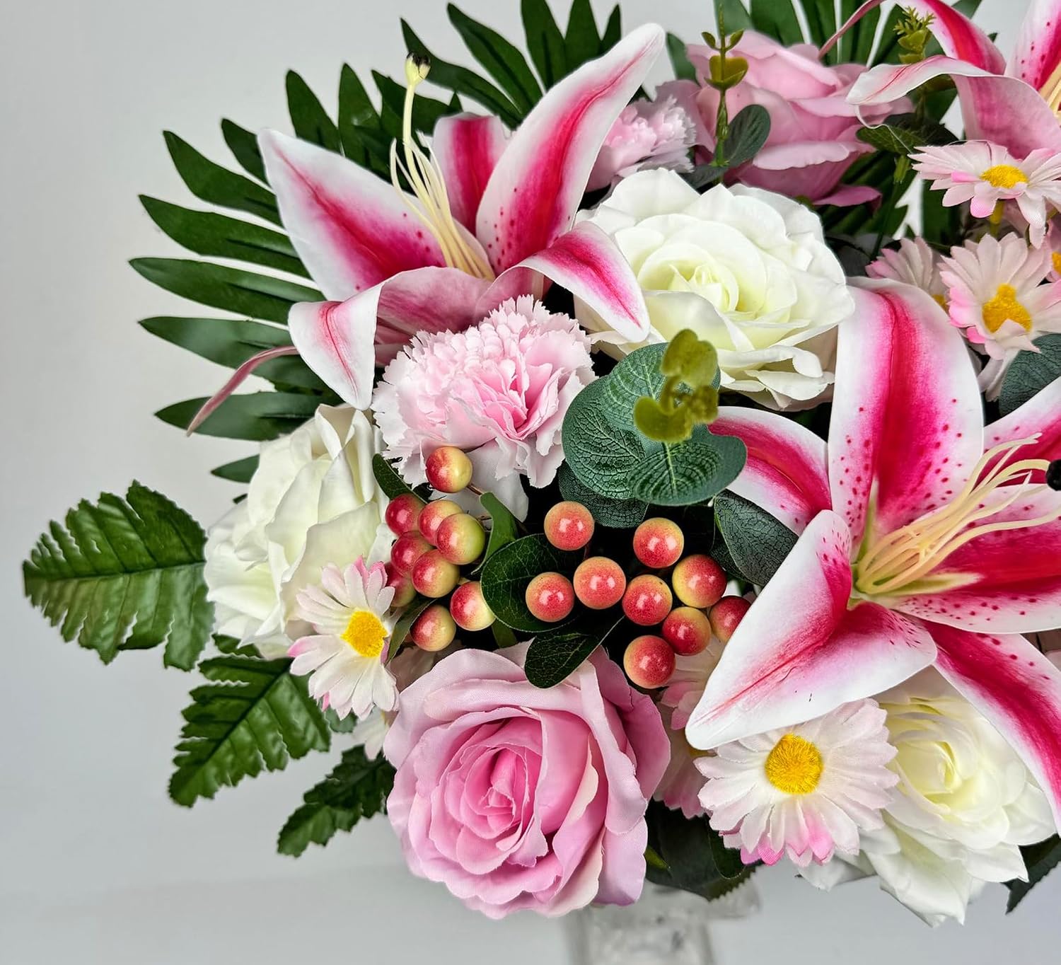 Artificial Cemetery Flowers,Memorial Flowers,Beautiful Arrangements for Headstones,Silk Lily Rose Berries Daisy