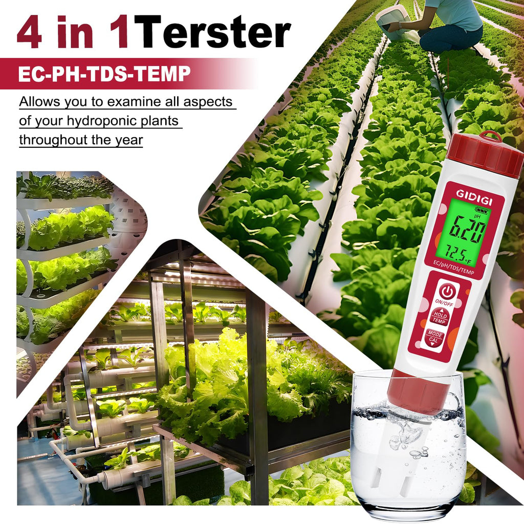 pH Meter for Water, 4 in 1 EC PPM Temp pH Tester for Hydroponic | TDS Water Tester for Drinking Water, Digital pH