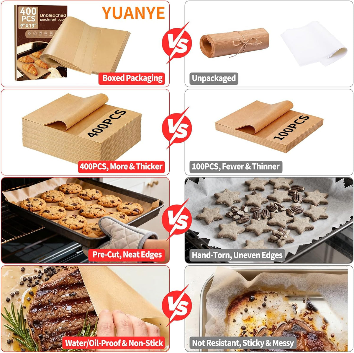 400PCS Parchment Paper Baking Sheets, 9"x13" Unbleached Precut Quarter Parchment Paper for Baking, Non-Stick Baking