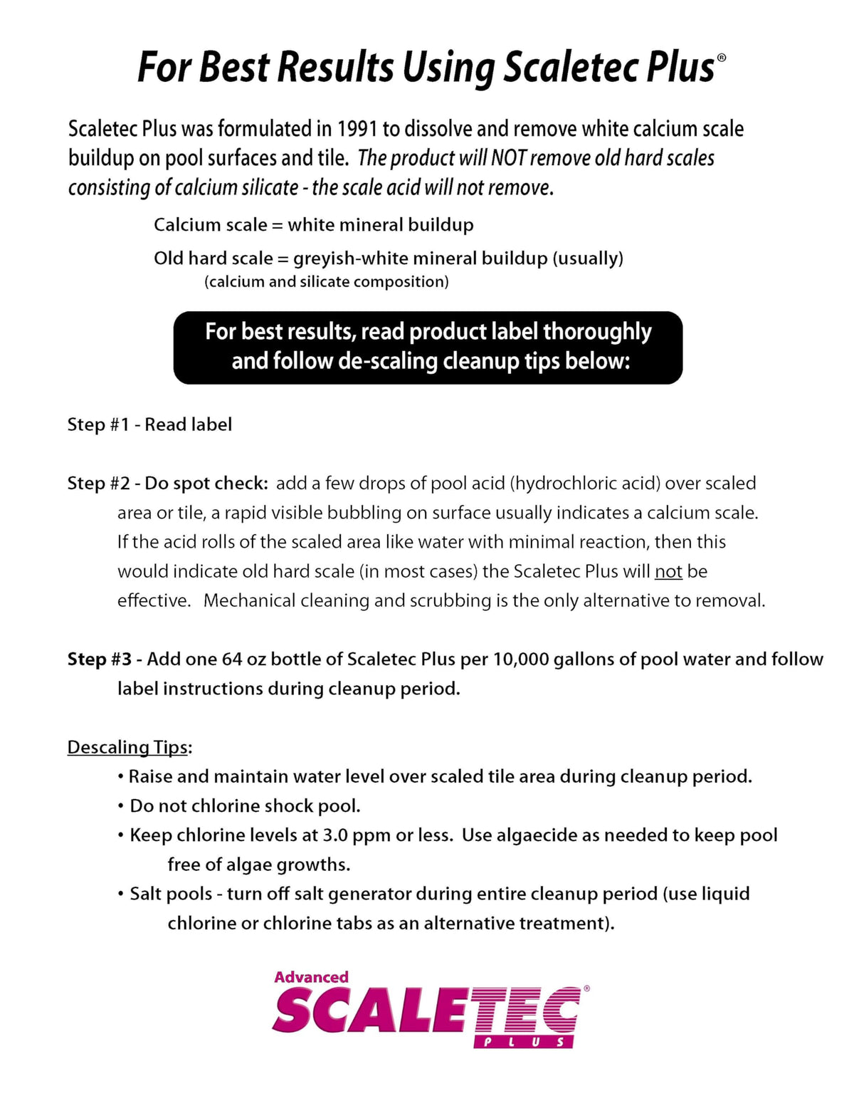 20064 Scaletec Plus Calcium Pool Descaler, Iron and Scum Remover & Preventative, 64. Fl. Oz Bottle