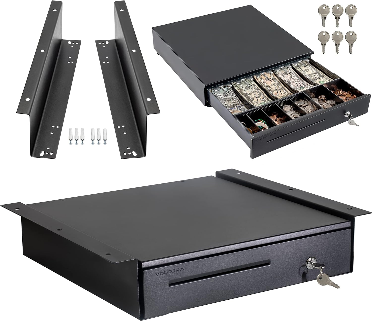 Cash Register Drawer with Under Counter Mounting Metal Bracket - 16" Black Cash Drawer for POS, 5 Bill 6 Coin Cash