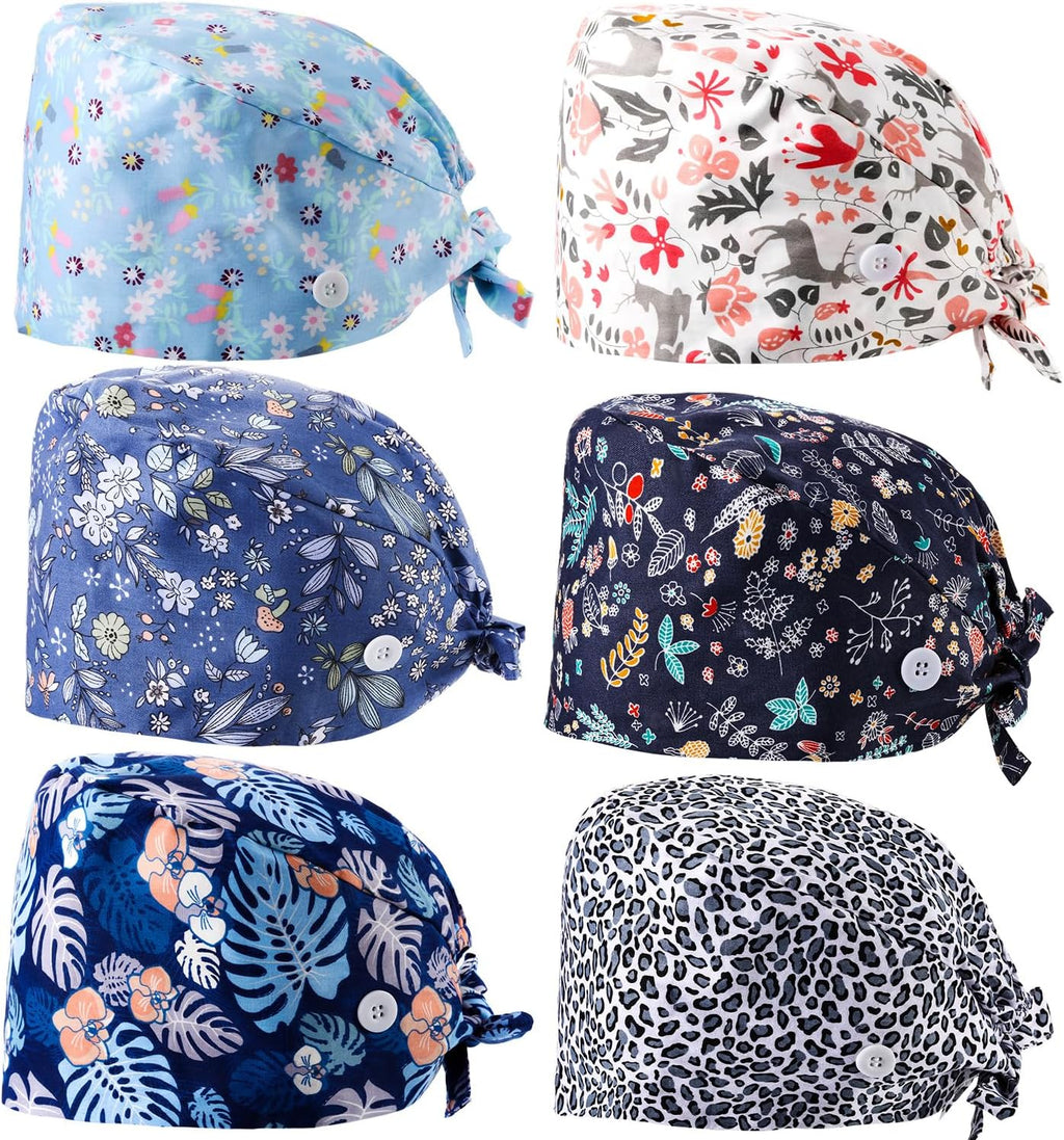 6 Pcs Women Scrub Caps Surgical Nurse Working Hats with Button and Sweatband Adjustable Elastic Nursing Bouffant Caps