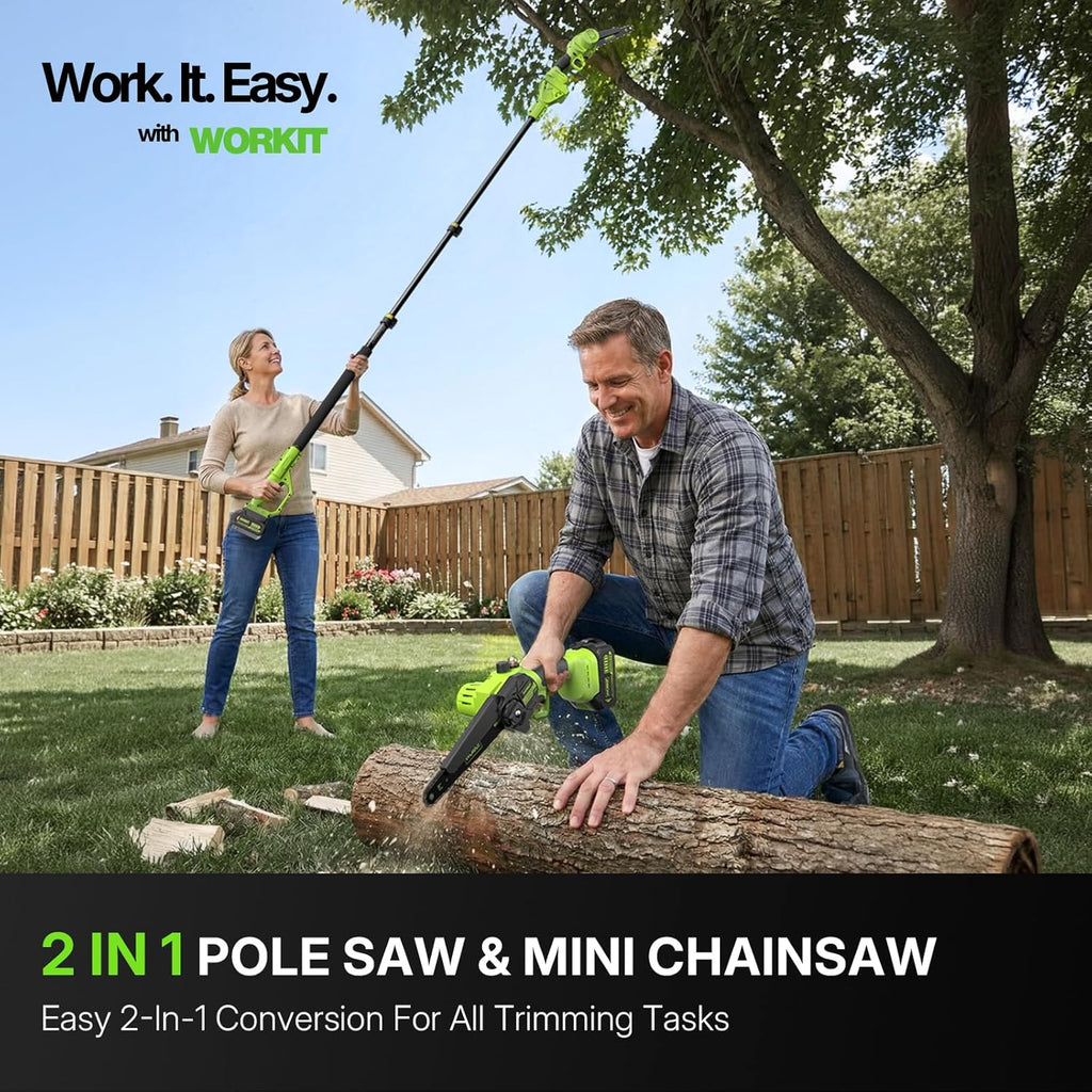 2-In-1 Electric Pole Saws for Tree Trimming, 6 Inch Mini Chainsaw Cordless with 2×4.0Ah Batteries, 14Ft Tree Trimmer