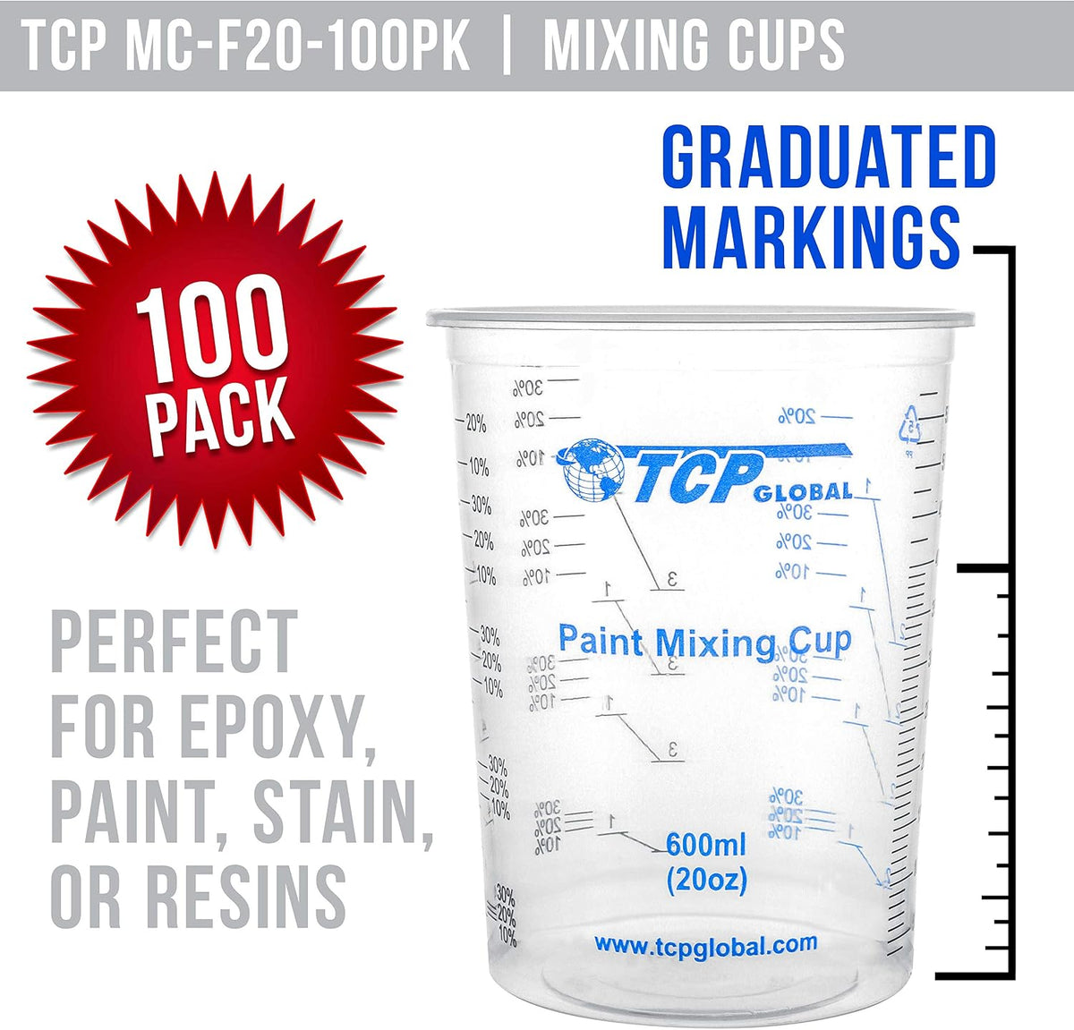 20 oz. (600ml) Graduated Plastic Mixing Cups - Box of 100