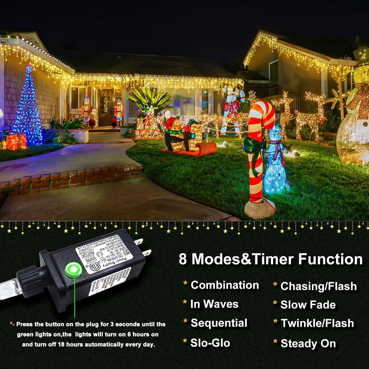 Icicle Lights for Outside 66FT 640 LED Warm White Christmas Lights Outdoor | Conenectable Icicle Christmas Lights