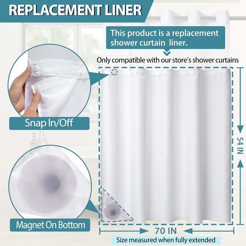 1 Pack Hotel Fabric Snap in Shower Curtain Liner Replacement Removable Water Repellent Liner for Bathroom Shower