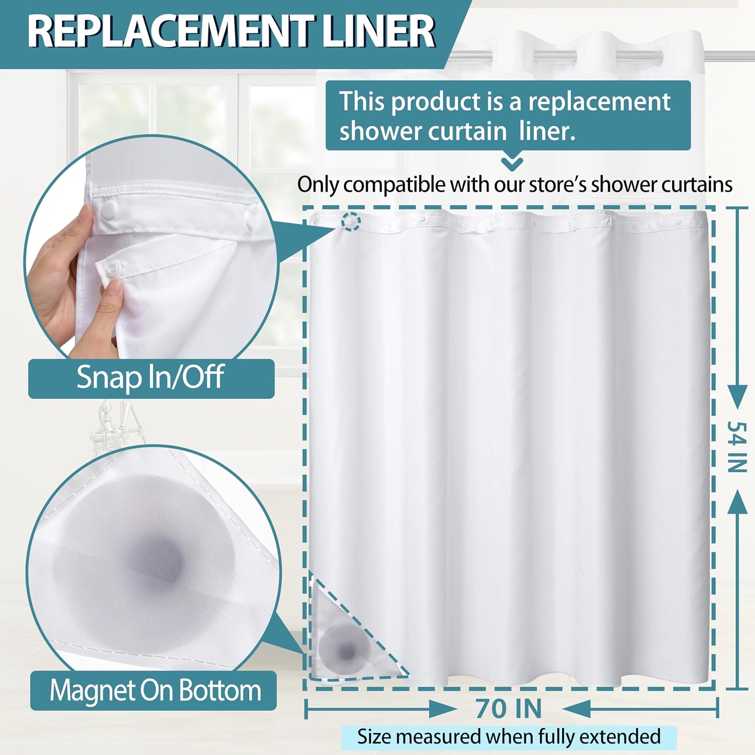 1 Pack Hotel Fabric Snap in Shower Curtain Liner Replacement Removable Water Repellent Liner for Bathroom Shower