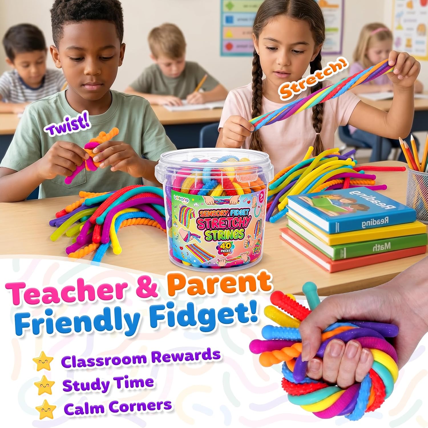 Fidget Sensory Toys for Kids, 40 Pack Textured Sensory Stretchy Noodles, Calm Down Stress Toys for Autism ADHD, Quiet