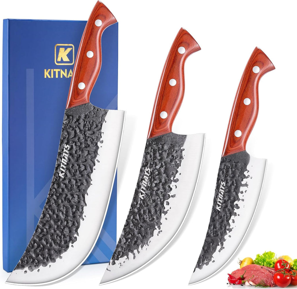 Professional Butcher Knife Set, Hand Forged Heavy Duty Meat Cleaver Serbian Chef Knife Viking Boning Knife 3PCS