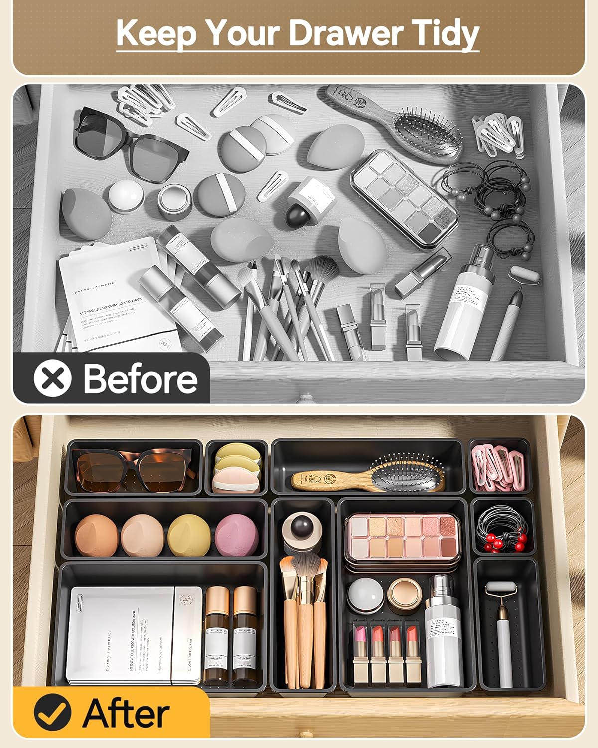 25 PCS Plastic Drawer Organizers Set, 4 Sizes Vanity Organizer, Makeup and Desk Drawer Organizer Trays, Organization
