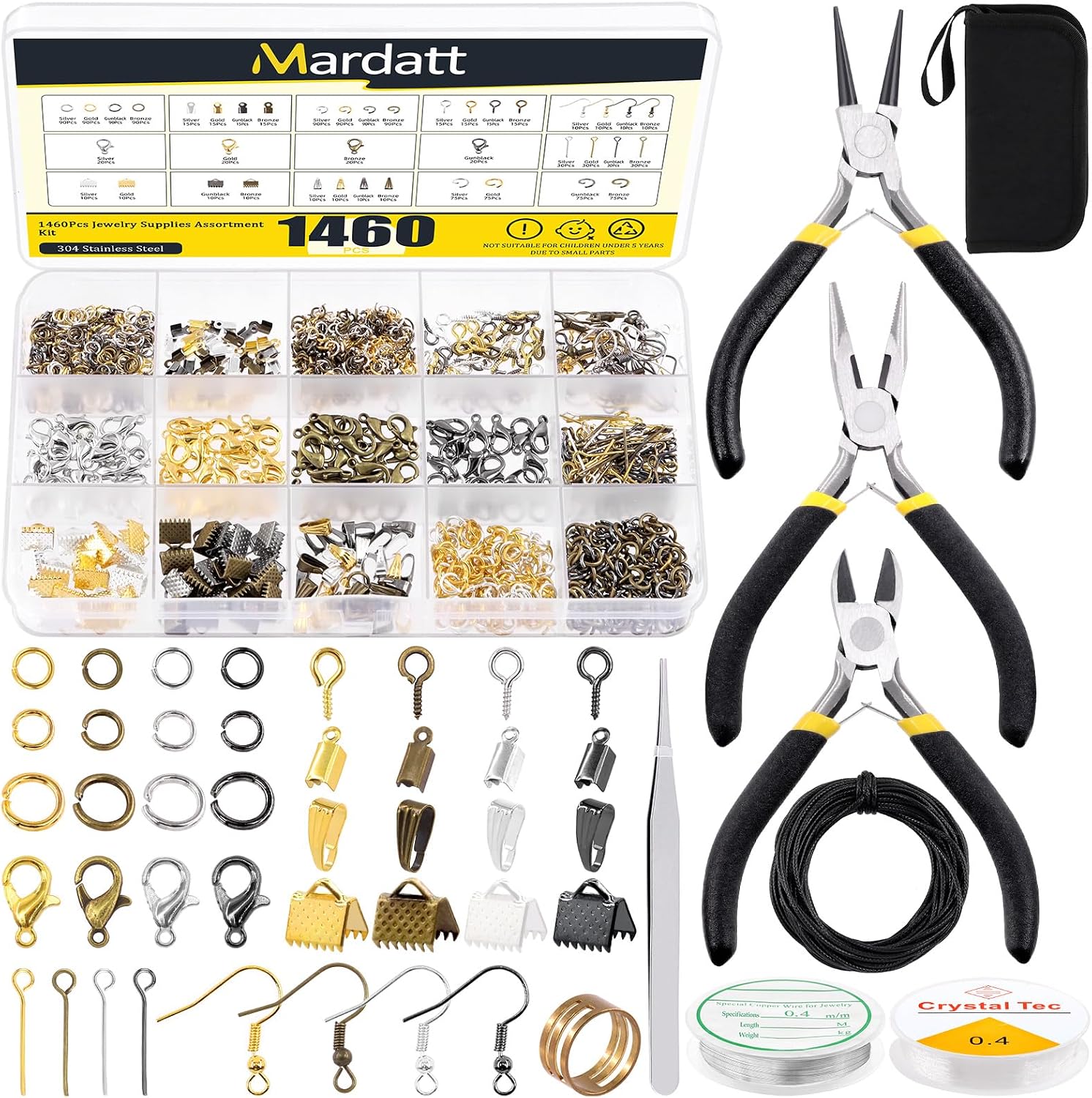 Jewelry Making Supplies Kit: 1468Pcs Including Pliers, Wires, Jump Ring Opener, Tweezers & Accessories for Jewelry