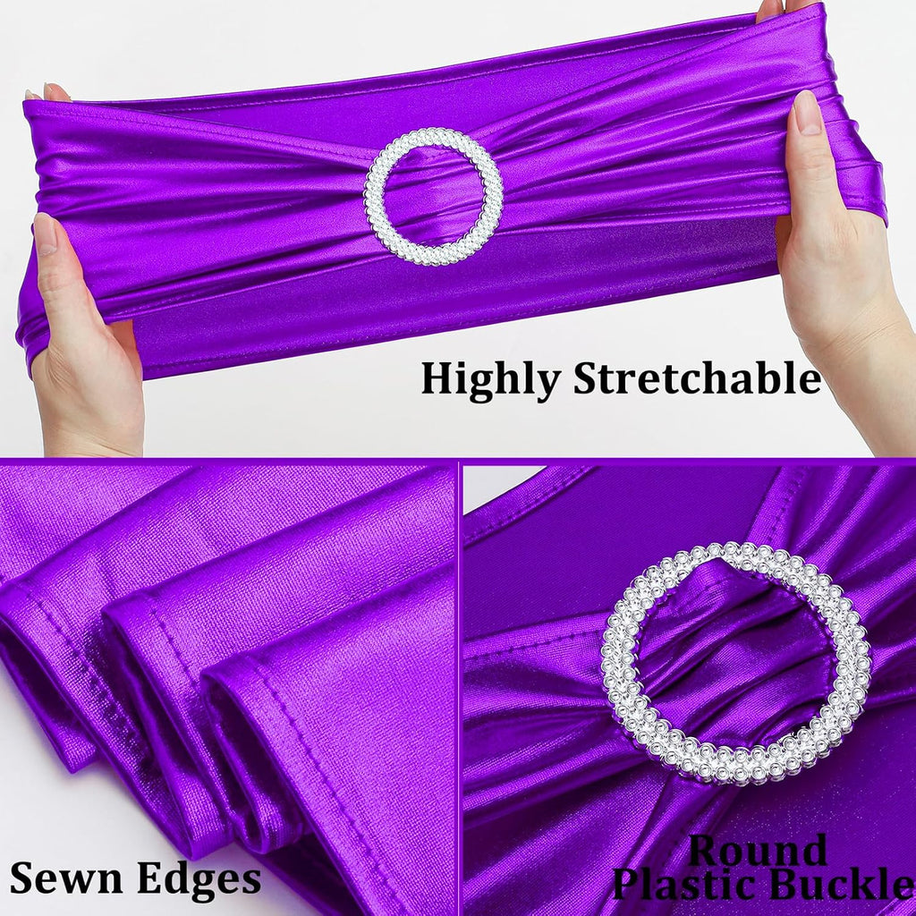 Purple Spandex Chair Sashes Bands 10 Packs Christmas Metallic Stretch Chair Ties Back Bows Bulk with Buckle Slider