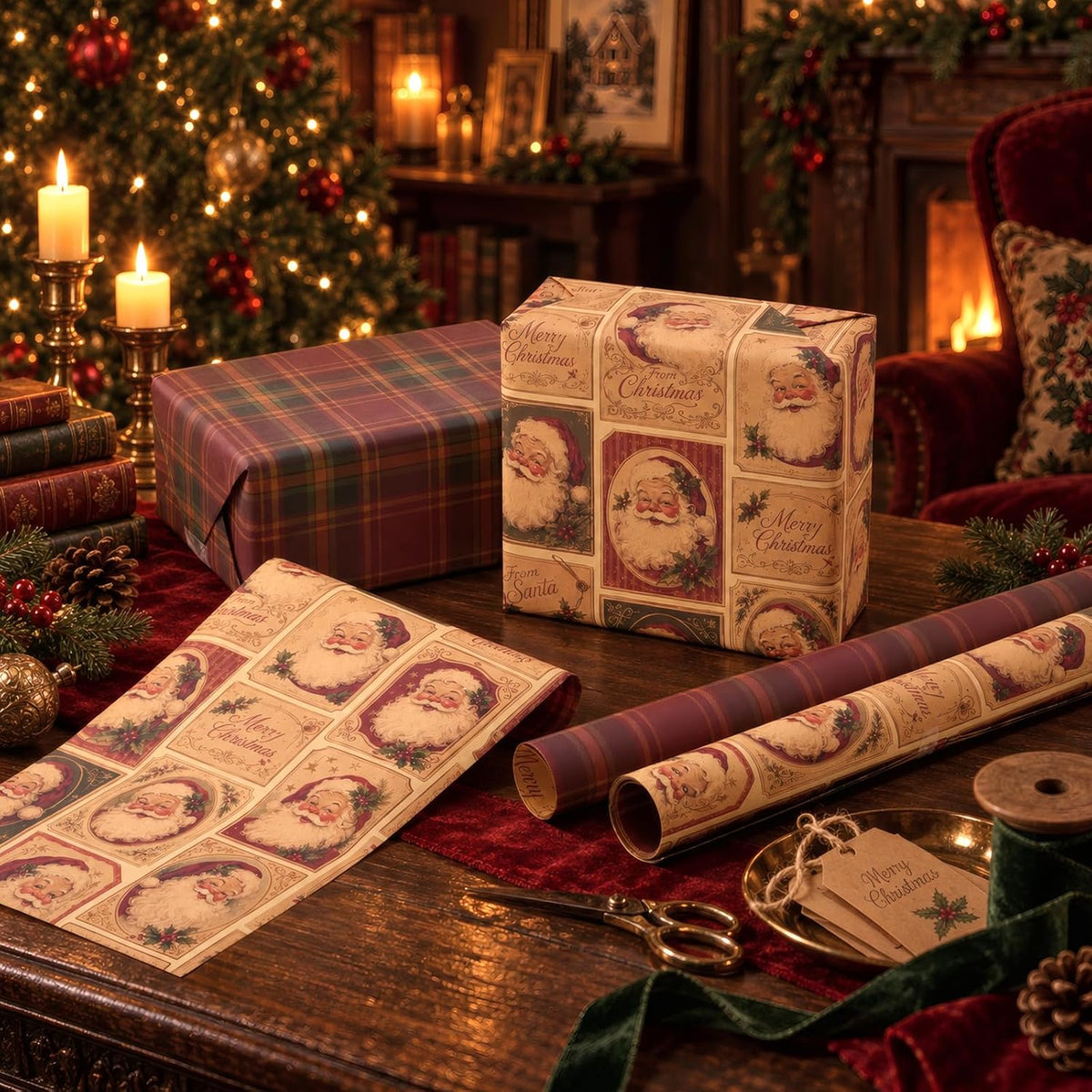 Vintage Santa Christmas Wrapping Paper Rolls,Brown Gift Wrap