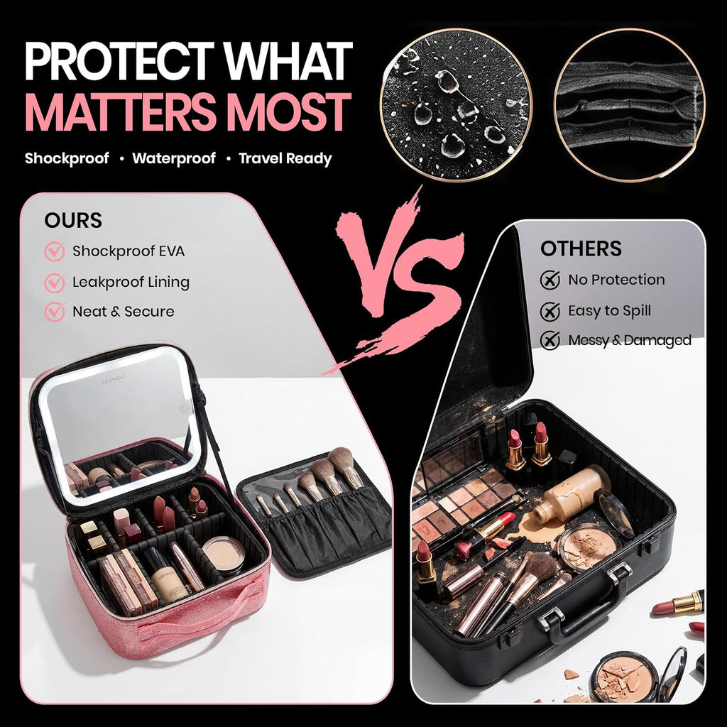 Makeup Bag with Detachable 4K LED Mirror, 3 Light Modes