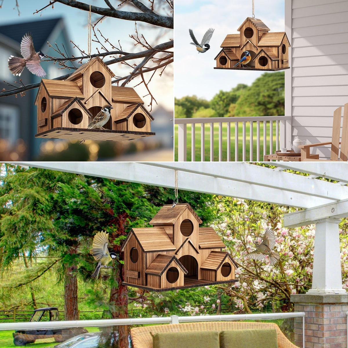 Bird Houses for Outside, 5-Hole Wooden Birdhouse for Bluebirds Finch Swallow Wren Chickadee Hummingbird, Hanging Bird
