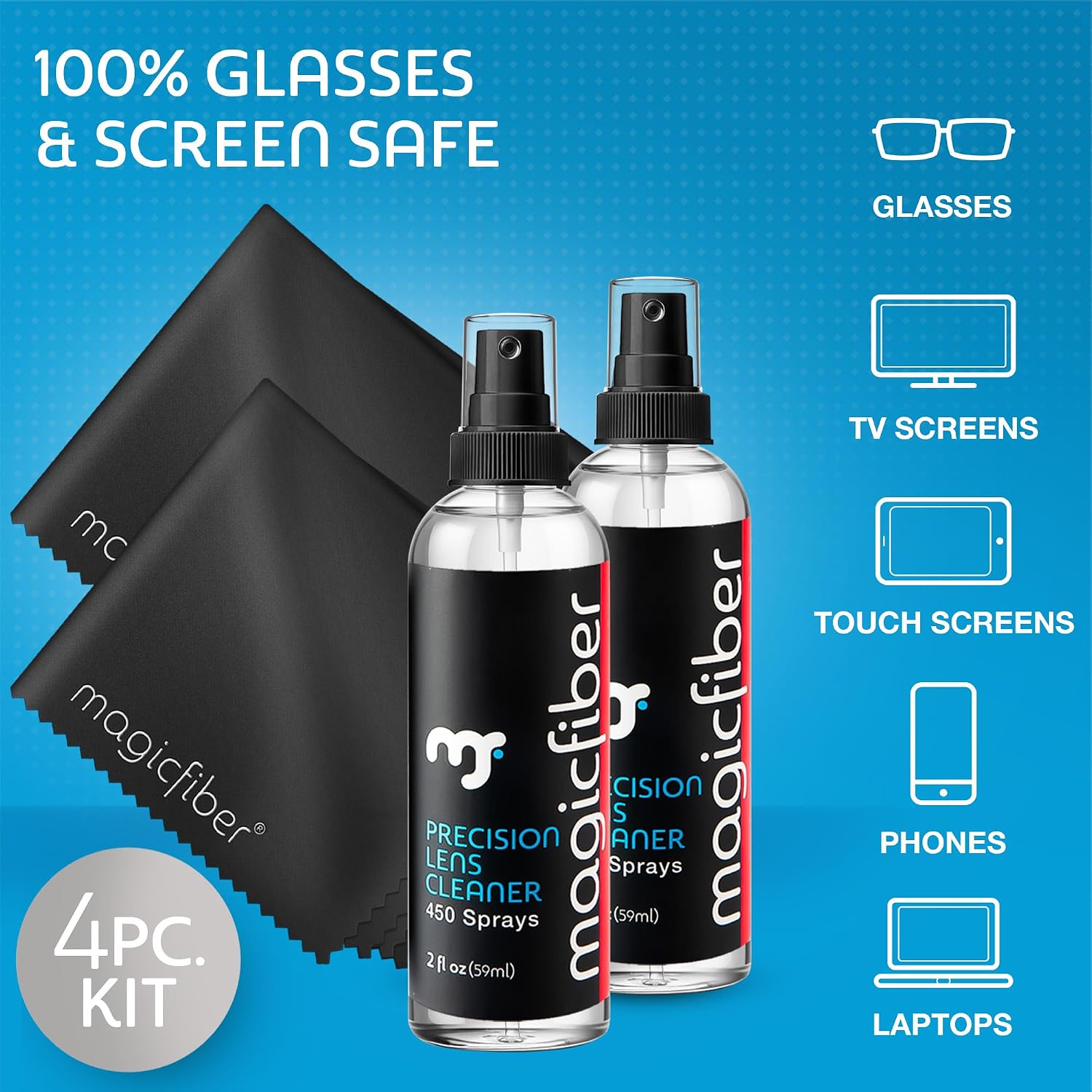 8 PK Glasses Kit - 2 Eyeglass Cleaner Sprays + 6 Microfiber Cleaning Cloths - Premium Eye Glass Cleaners Spray and