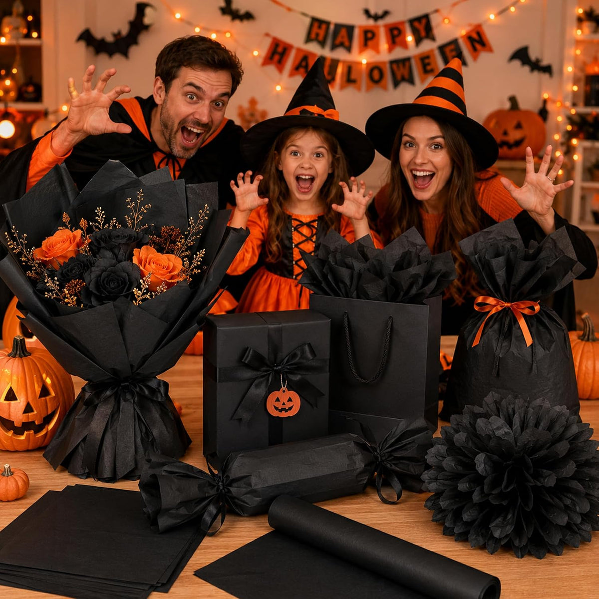 Black Tissue Paper - 100 Sheets Gift Wrapping Paper for Halloween Decor