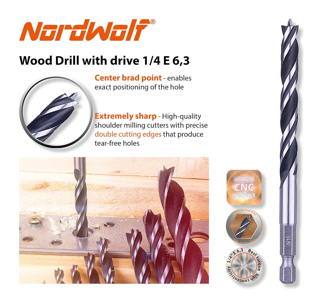 12-Piece Brad Point Wood Drill Bit Set for Carpenter Woodworking, Double Flutes Design with 1/4" Hex Shank, SAE Sizes