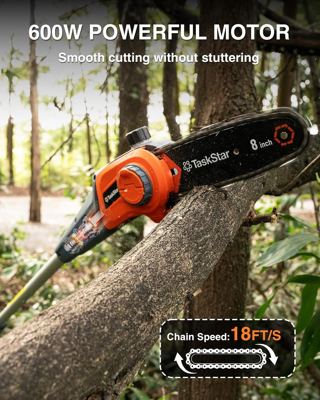 8-Inch Cordless Pole Saw, Electric Pole Saws for Tree Trimming, 2×4000mAh Batteries, 600W Powerful Motor, Max Reach