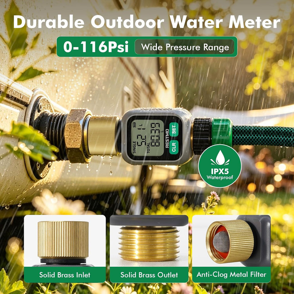 RESTMO Water Flow Meter with Dual Zone Display Screen, Brass Water Meter