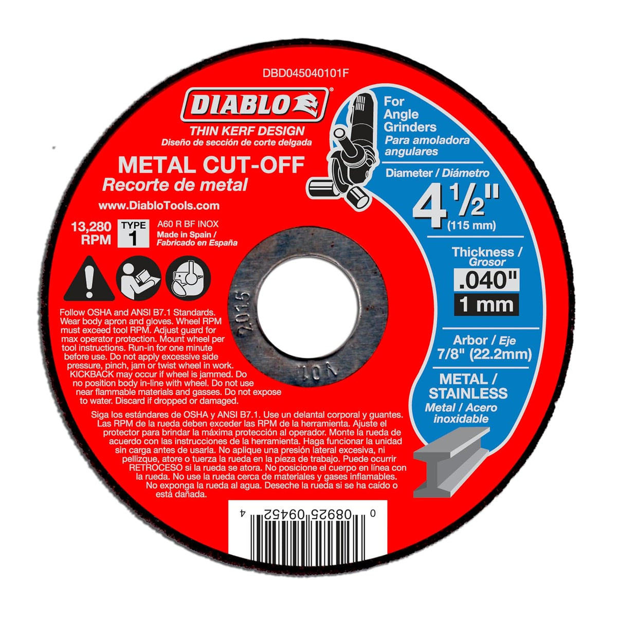 Diablo Metal Cut-Off Disc - 4-1/2" Diameter, 7/8" Arbor, 1 Hub Type