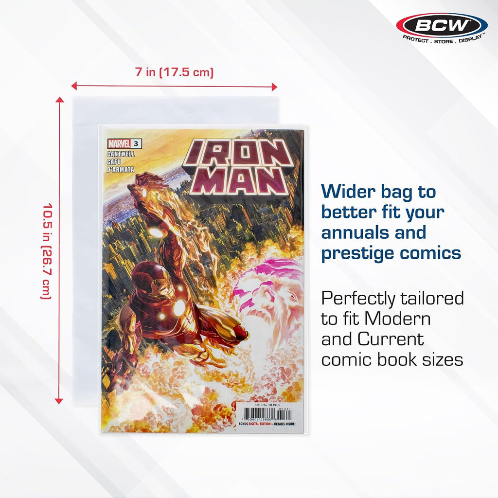 Thick Resealable Current/Modern Comic Bags - 200 ct | Acid-Free Modern Comic Bags for Current Issues | Exterior 7 x