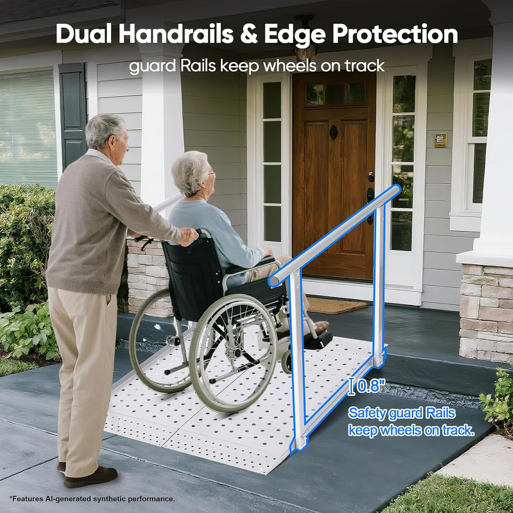 Folding Wheelchair Ramp with Handrails for Steps – Heavy Duty Threshold Ramp 500lbs Capacity, Safe Door Portable Ramp