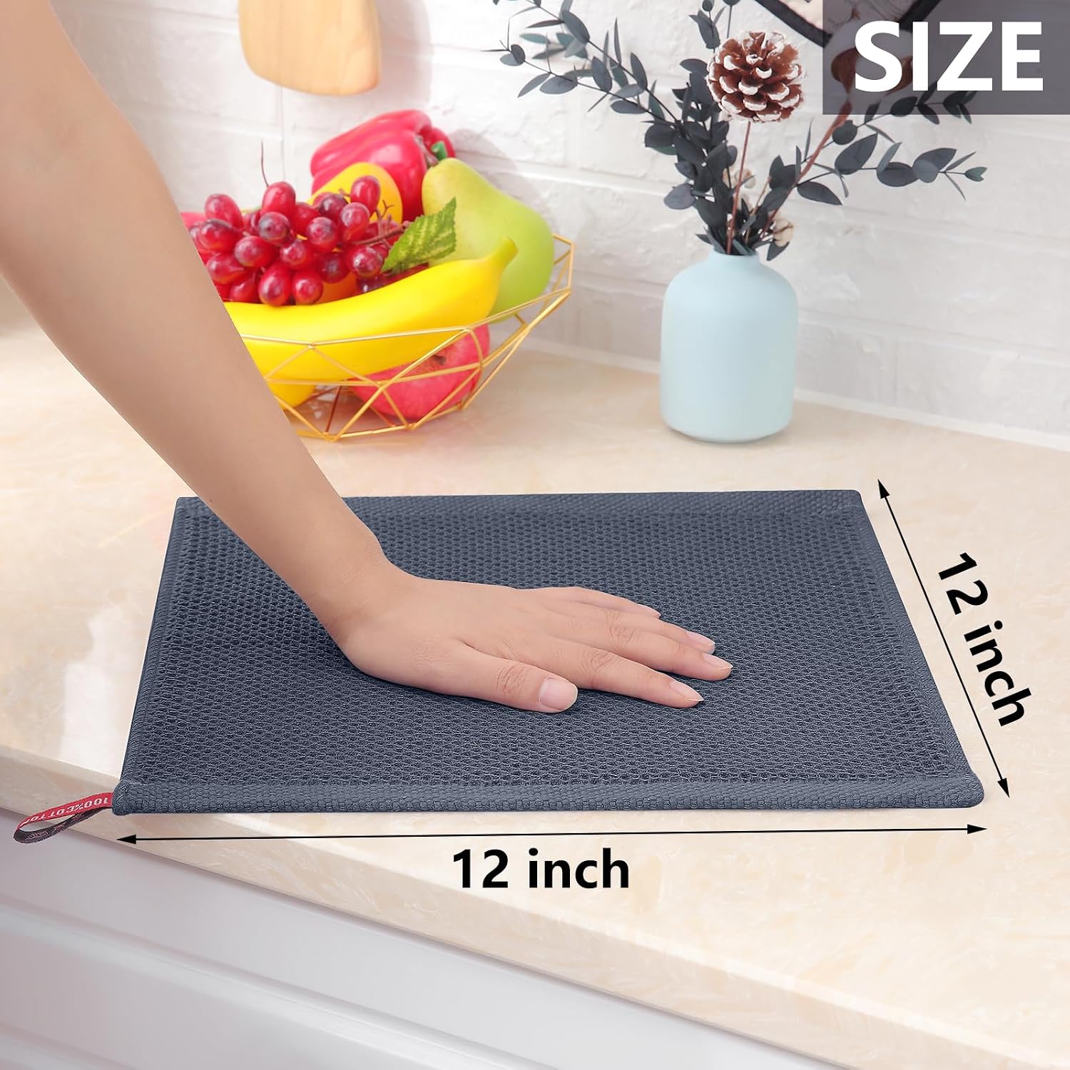 100% Cotton Waffle Weave Kitchen Dish Cloths, 4-Pack, Dark Grey | 12 x 12 Inches, Ultra Soft Absorbent Dish Towels