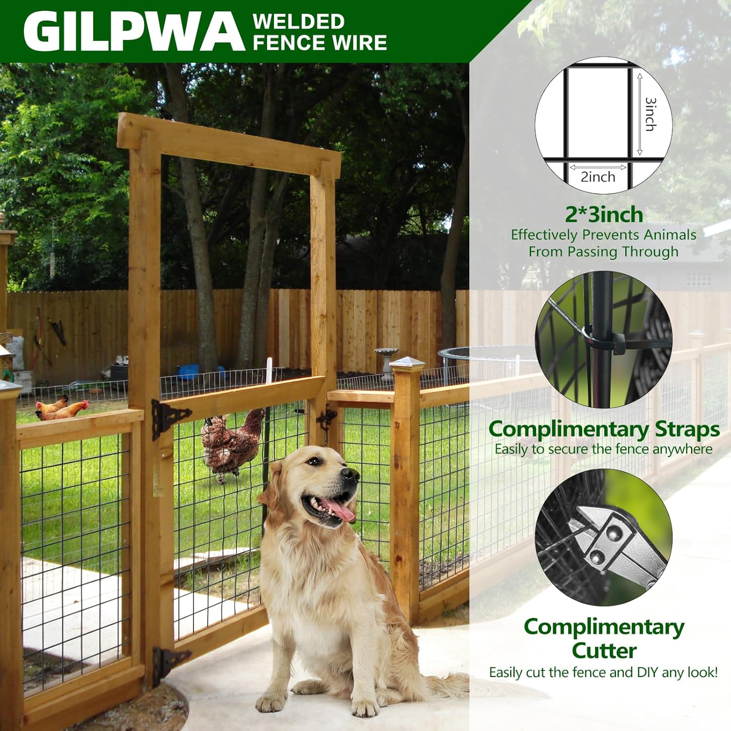 Welded Wire Fence, 50ft(L) x 24inch(H) Garden Fence for Dog, 2 Inch x 3 Inch 16GA Fencing for Chicken, PVC Coated