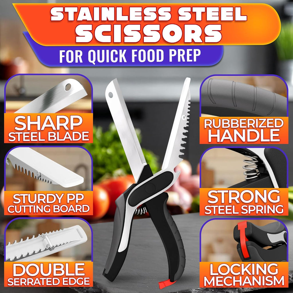 6-in-1 Cutting Board Scissors – Heavy Duty & Dishwasher-Safe Kitchen Shears with Ribbed No-Slip Blade, Spring-Assist