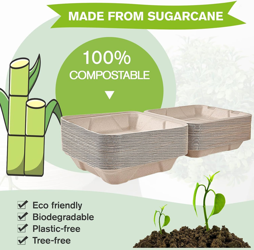 50 Pack Compostable Clamshell Take Out Food Containers, 8 inch