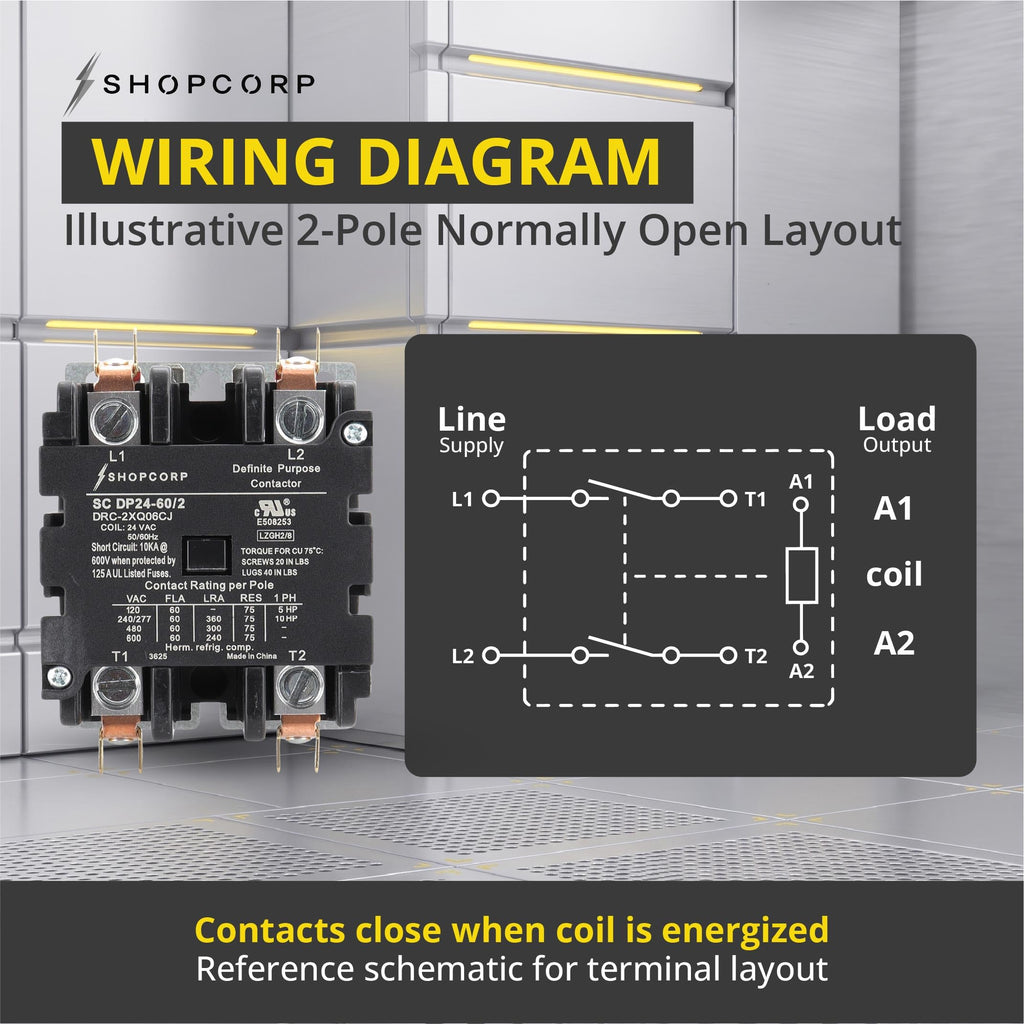 60 Amp AC Contactor, 2 Pole Contactor, 24V Coil, UL Recognized