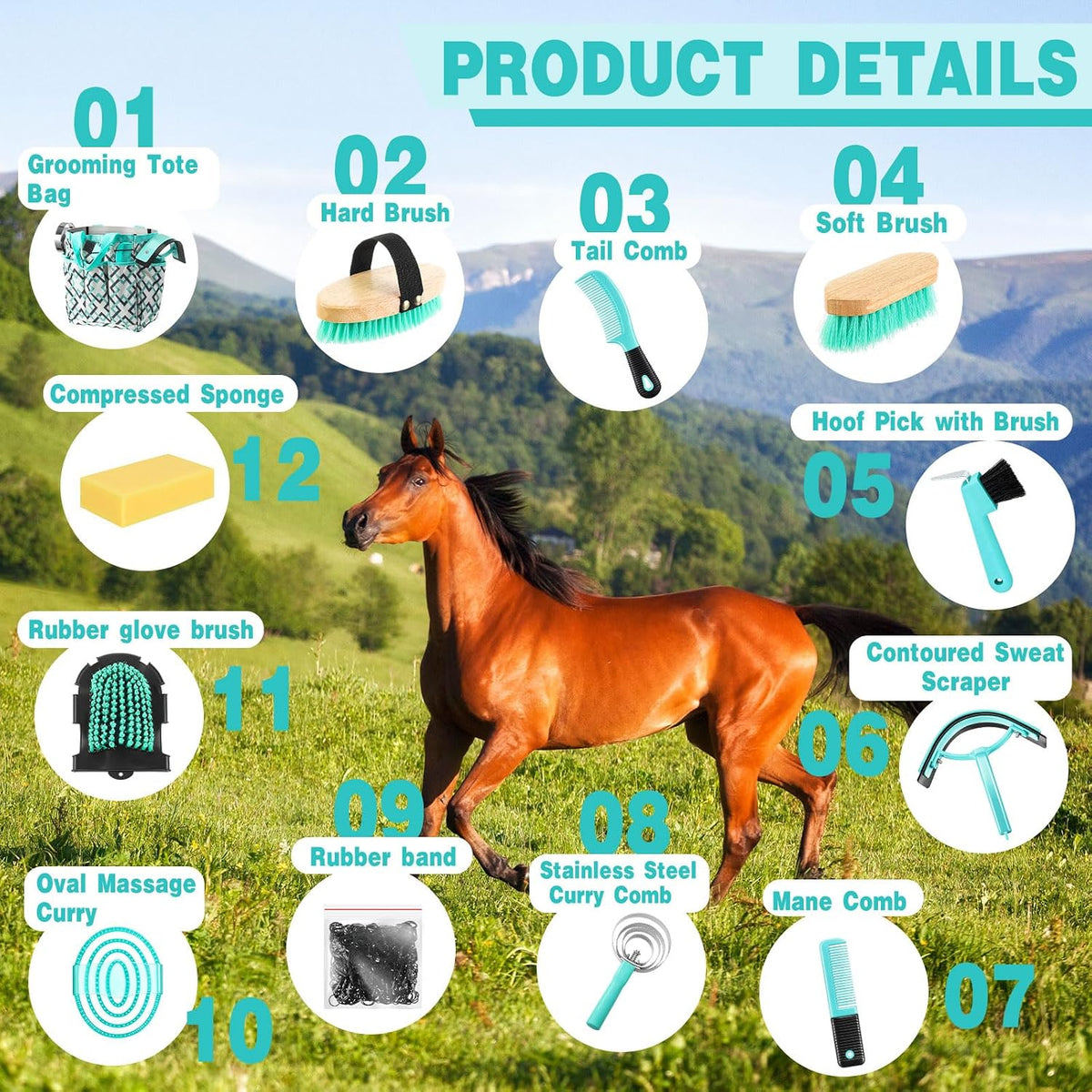 12 Piece Horse Grooming Kit with Organizer Tote Bag Brush Sets for Derby Day Show Horses Professional Tools for Care