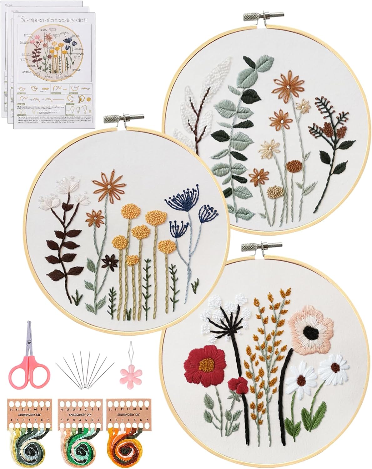 3 Sets Embroidery Kit,Cross Stitch Kits for Beginners,Needlepoint Kits for Adults with Easy Floral Pattern Hand