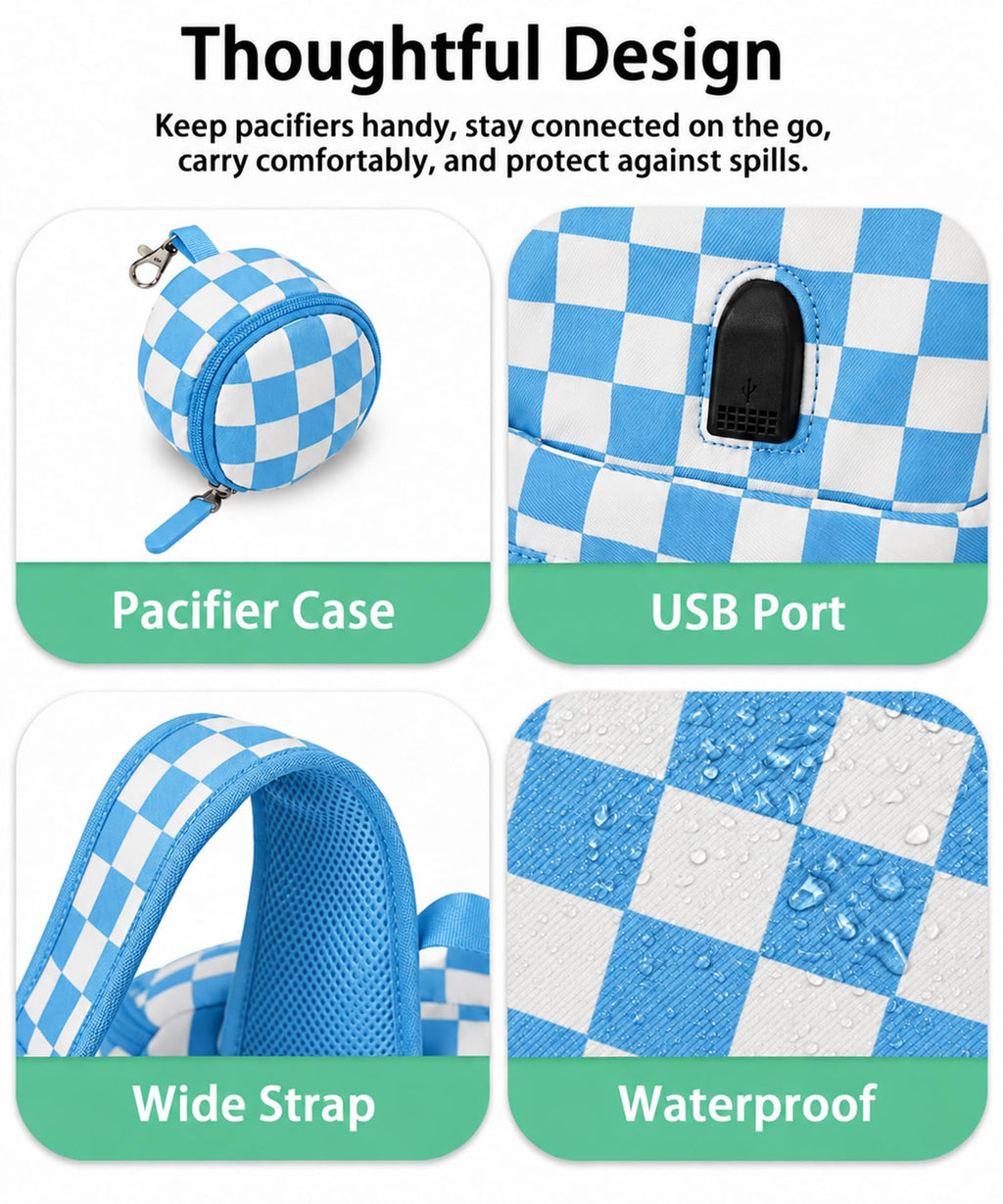 Checkered Diaper Bag Backpack with Changing Pad & Stroller Clips